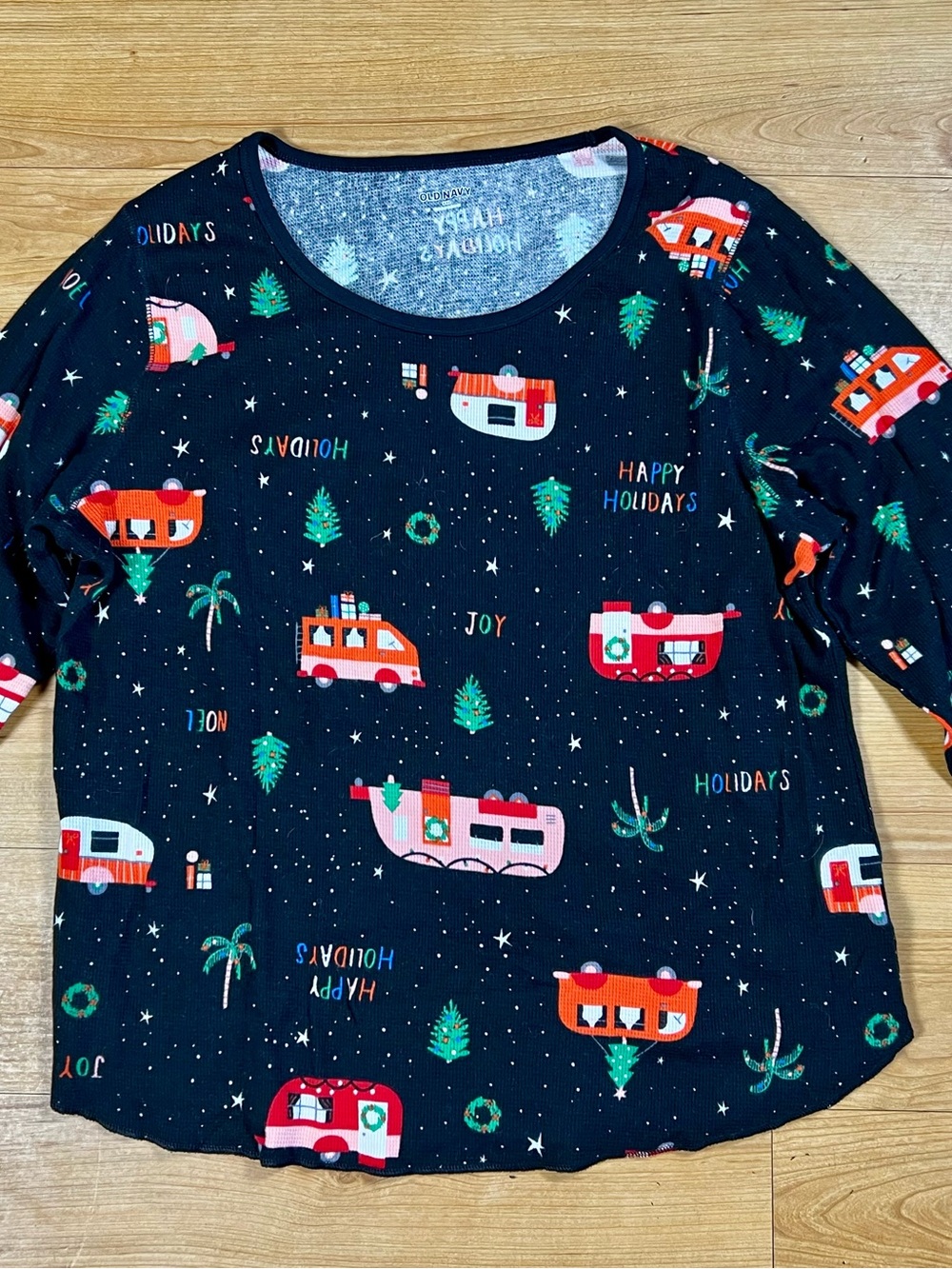 Old Navy Black Holiday Camper Pajama Top with Red, Pink & Green Accents